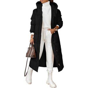 Women's Long Quilted Coat Winter Hooded Button Down Puffer Padded Jacket